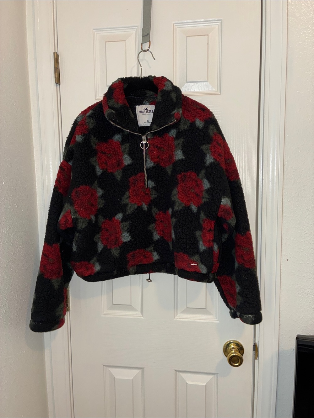 Hollister Black Sherpa Pullover with Red Rose Print